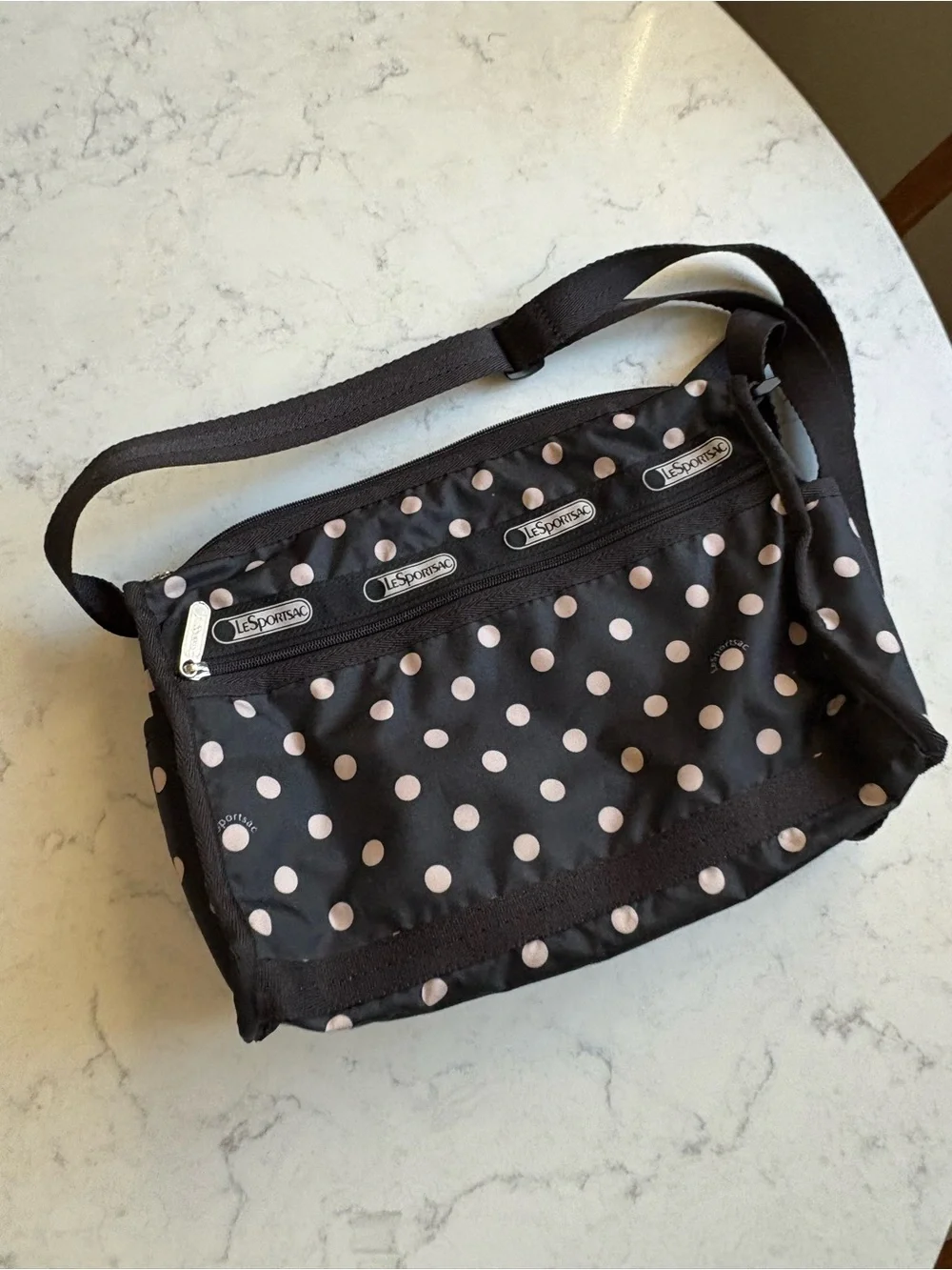 LeSportsac Black with Pink Polka Dot Crossbody Shoulder Bag